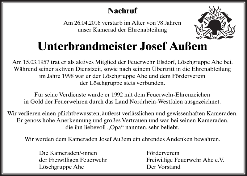  Traueranzeige für Josef Außem vom 30.04.2016 aus  Sonntags-Post 