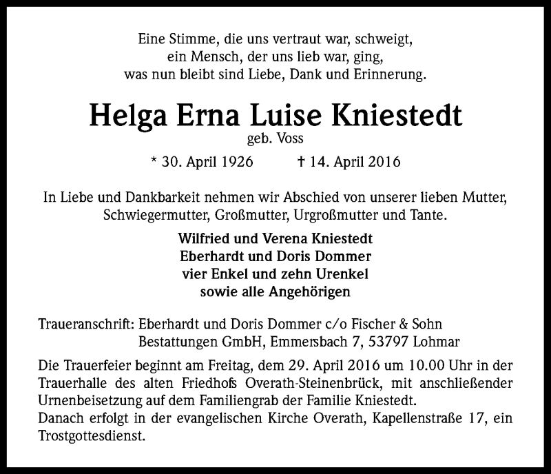  Traueranzeige für Helga Erna Luise Kniestedt vom 22.04.2016 aus Kölner Stadt-Anzeiger / Kölnische Rundschau / Express