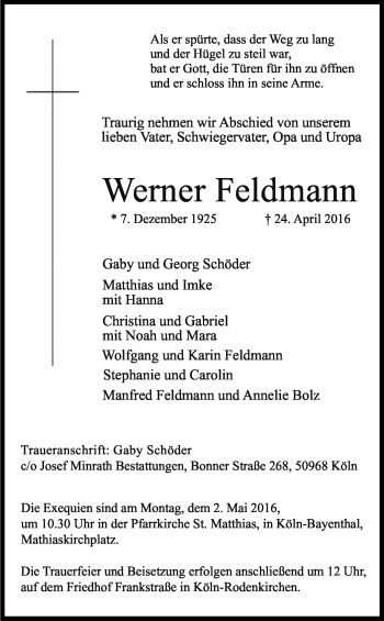 Anzeige von Werner Feldmann von Kölner Stadt-Anzeiger / Kölnische Rundschau / Express