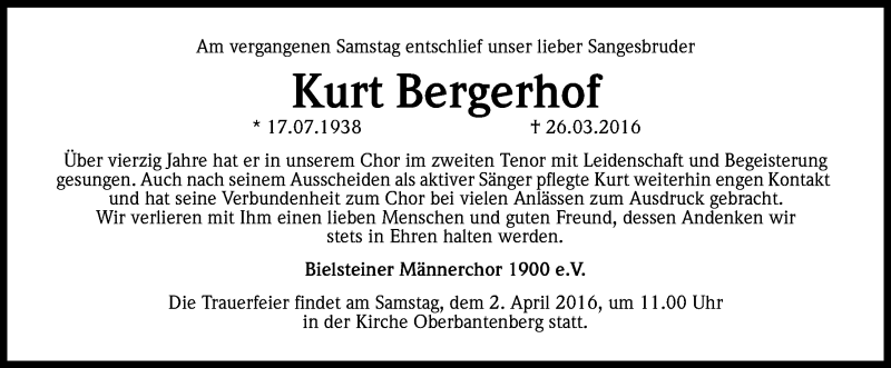  Traueranzeige für Kurt Bergerhof vom 02.04.2016 aus Kölner Stadt-Anzeiger / Kölnische Rundschau / Express