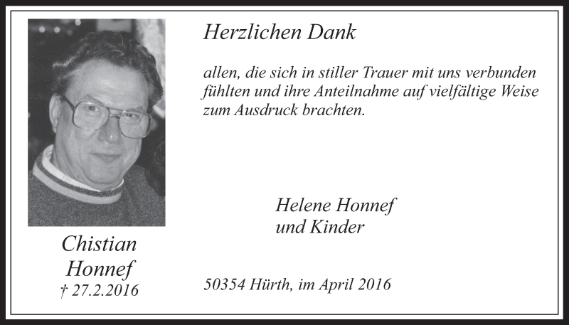  Traueranzeige für Chistian Honnef vom 06.04.2016 aus  Wochenende 