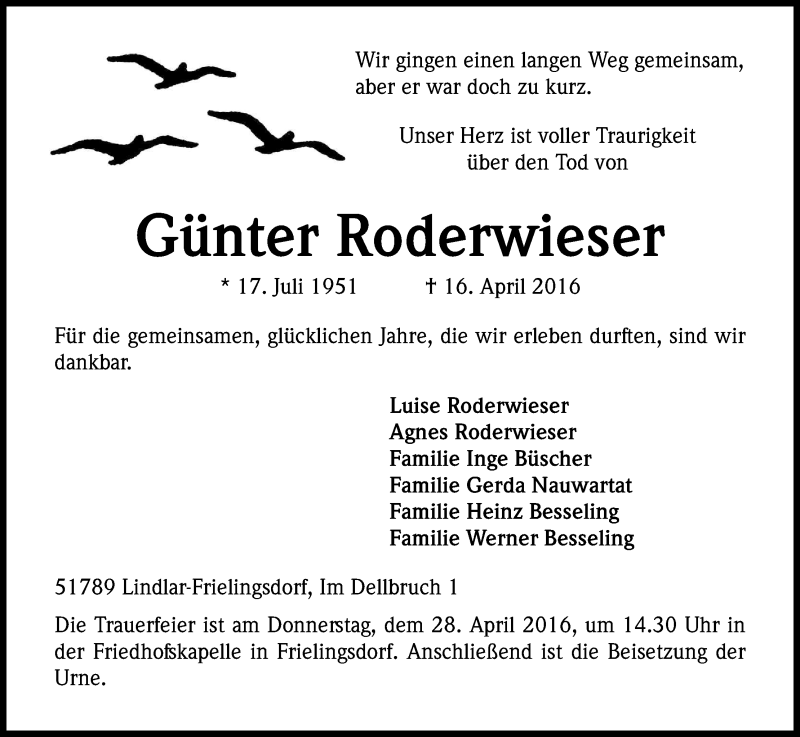  Traueranzeige für Günter Roderwieser vom 20.04.2016 aus Kölner Stadt-Anzeiger / Kölnische Rundschau / Express