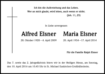 Anzeige von Maria und Alfred Elsner von Kölner Stadt-Anzeiger / Kölnische Rundschau / Express
