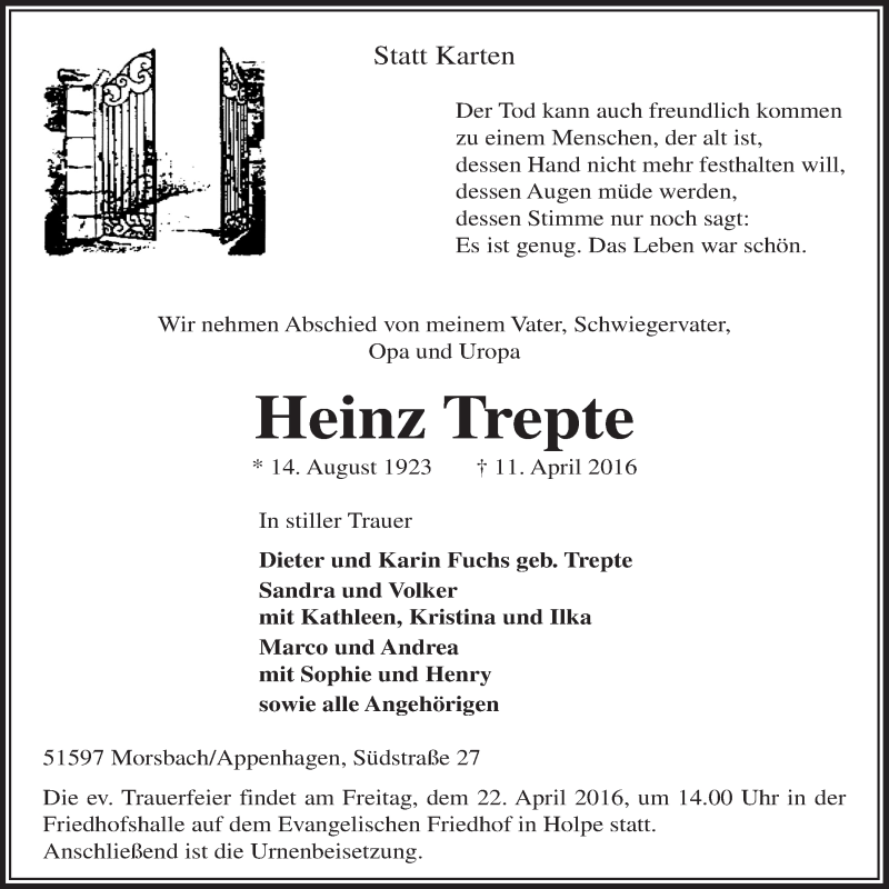  Traueranzeige für Heinz Trepte vom 20.04.2016 aus  Lokalanzeiger 