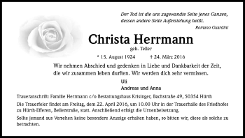 Anzeige von Christa Herrmann von Kölner Stadt-Anzeiger / Kölnische Rundschau / Express