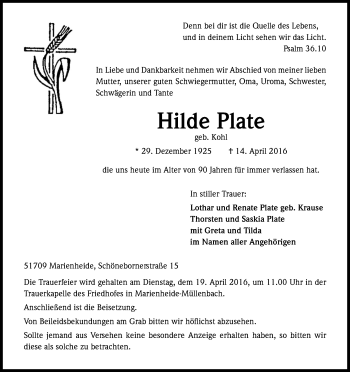 Anzeige von Hilde Plate von Kölner Stadt-Anzeiger / Kölnische Rundschau / Express