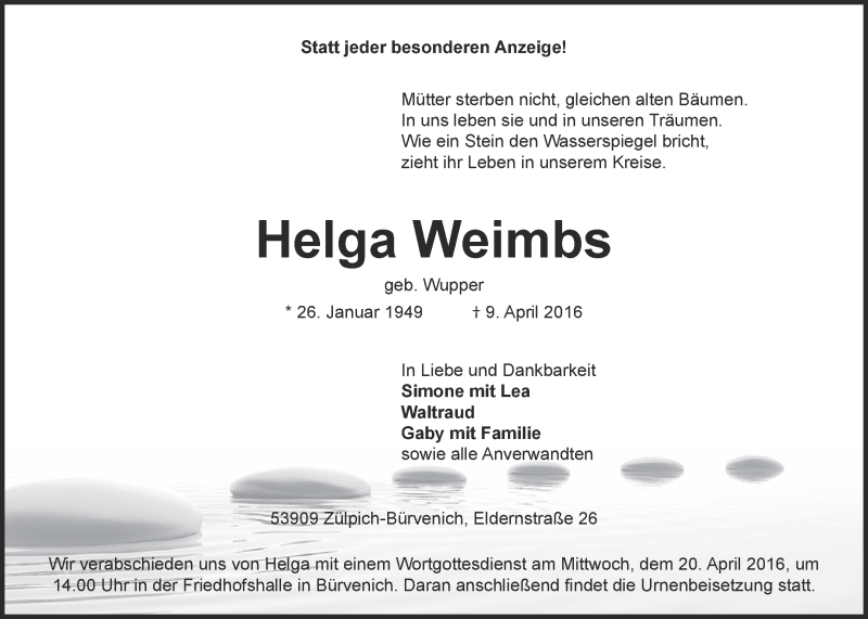  Traueranzeige für Helga Weimbs vom 16.04.2016 aus  Blickpunkt Euskirchen 