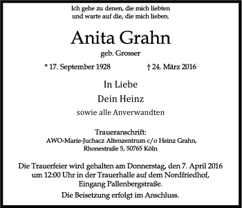 Anzeige von Anita Grahn von Kölner Stadt-Anzeiger / Kölnische Rundschau / Express