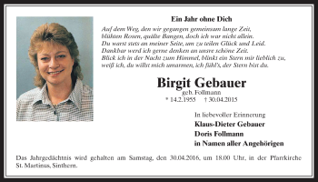 Anzeige von Birgit Gebauer von  Wochenende 