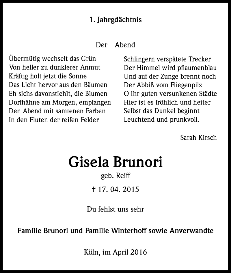  Traueranzeige für Gisela Brunori vom 16.04.2016 aus Kölner Stadt-Anzeiger / Kölnische Rundschau / Express