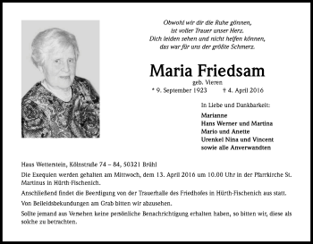 Anzeige von Maria Friedsam von Kölner Stadt-Anzeiger / Kölnische Rundschau / Express