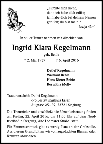 Anzeige von Ingrid Klara Kegelmann von Kölner Stadt-Anzeiger / Kölnische Rundschau / Express