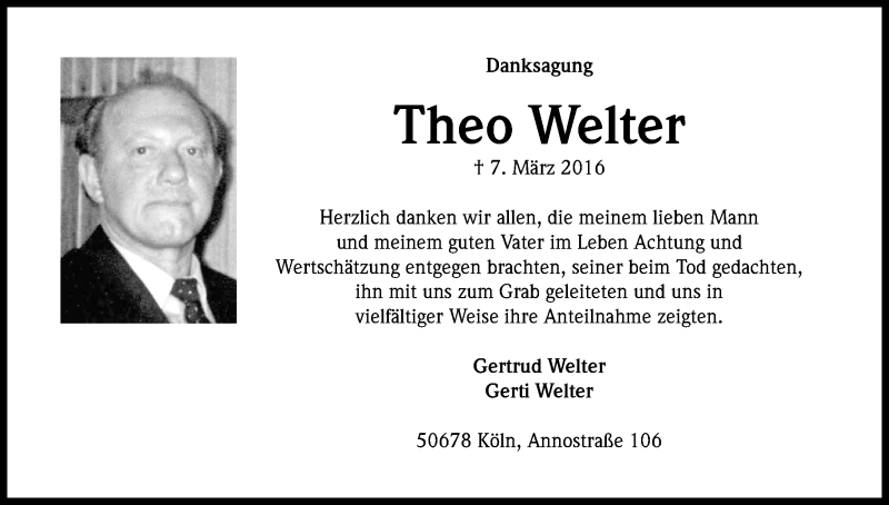  Traueranzeige für Theo Welter vom 09.04.2016 aus Kölner Stadt-Anzeiger / Kölnische Rundschau / Express