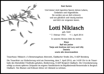 Anzeige von Lotti Niklasch von Kölner Stadt-Anzeiger / Kölnische Rundschau / Express