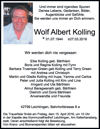 Anzeige von Wolf Albert Kolling von Kölner Stadt-Anzeiger / Kölnische Rundschau / Express