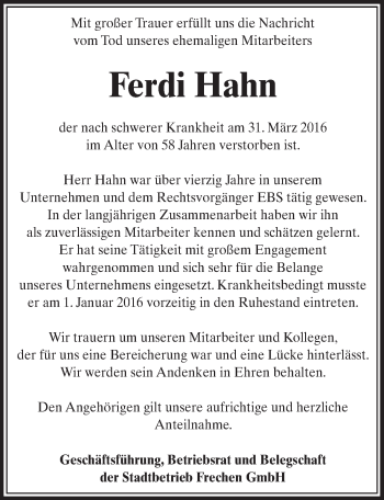 Anzeige von Ferdi Hahn von  Sonntags-Post 