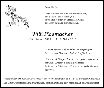 Anzeige von Willi Ploemacher von Kölner Stadt-Anzeiger / Kölnische Rundschau / Express