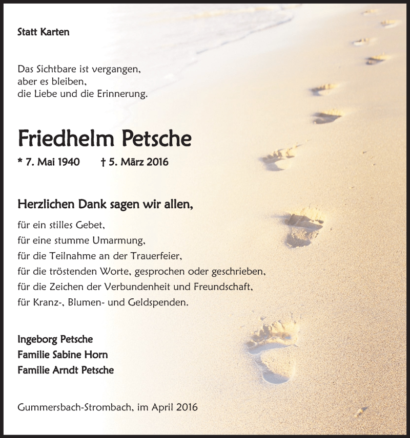  Traueranzeige für Friedhelm Petsche vom 13.04.2016 aus  Anzeigen Echo 