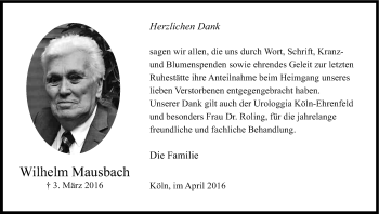 Anzeige von Wilhelm Mausbach von Kölner Stadt-Anzeiger / Kölnische Rundschau / Express