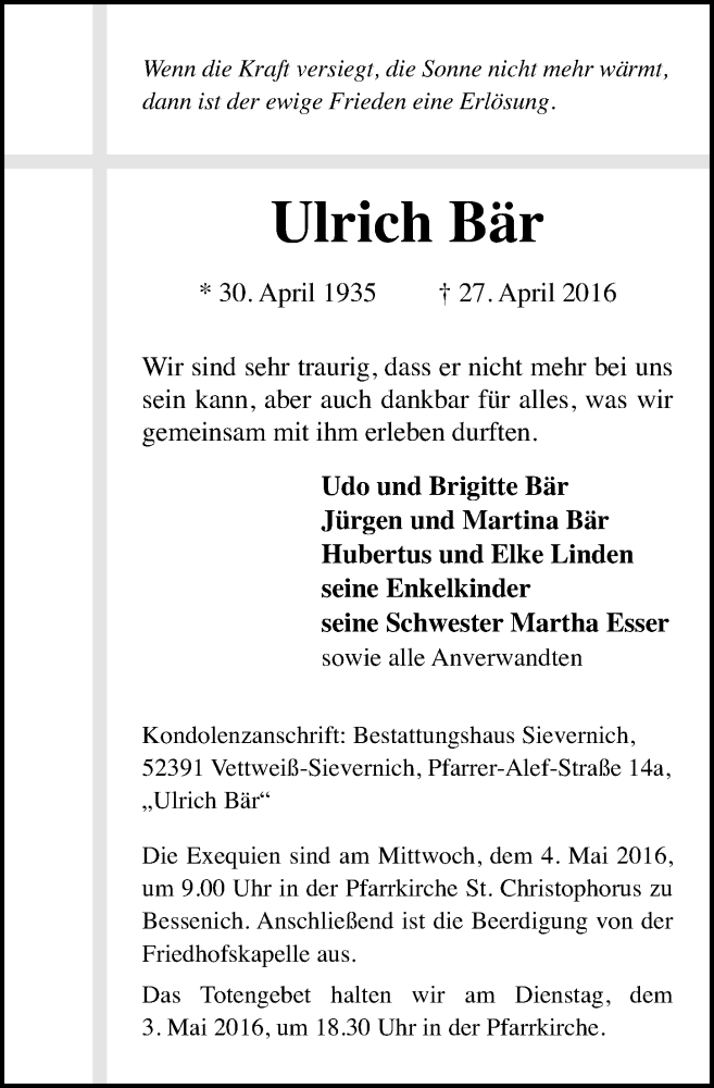  Traueranzeige für Ulrich Bär vom 30.04.2016 aus  Blickpunkt Euskirchen 