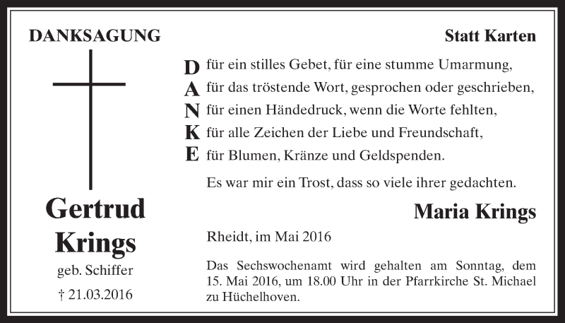  Traueranzeige für Gertrud Krings vom 27.04.2016 aus  Werbepost 