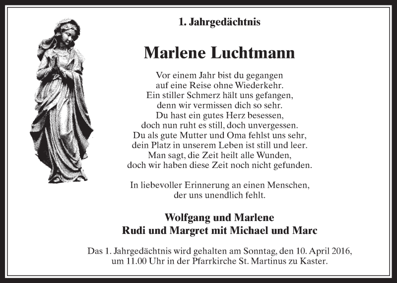  Traueranzeige für Marlene Luchtmann vom 06.04.2016 aus  Werbepost 