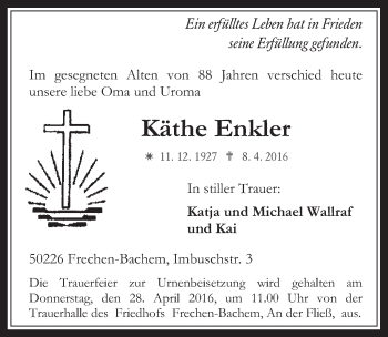Anzeige von Käthe Enkler von  Wochenende 