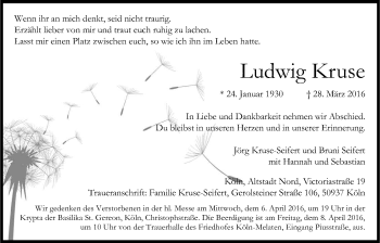 Anzeige von Ludwig Kruse von Kölner Stadt-Anzeiger / Kölnische Rundschau / Express