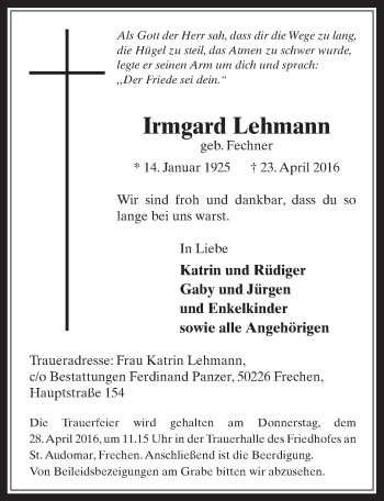 Anzeige von Irmgard Lehmann von  Wochenende 