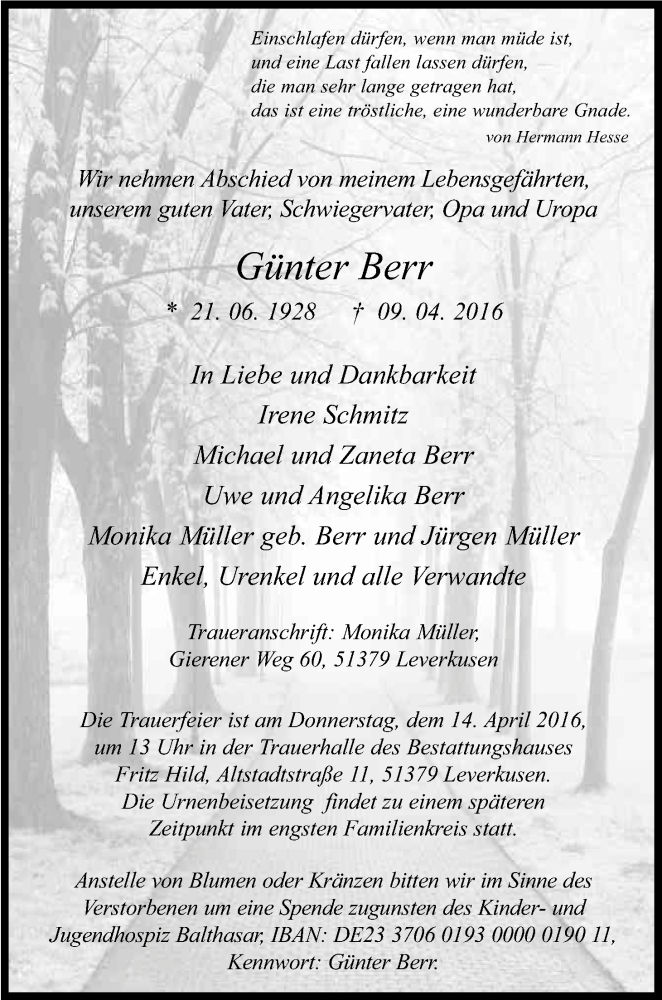  Traueranzeige für Günter Berr vom 12.04.2016 aus Kölner Stadt-Anzeiger / Kölnische Rundschau / Express