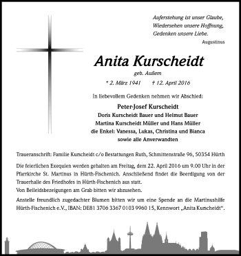 Anzeige von Anita Kurscheidt von Kölner Stadt-Anzeiger / Kölnische Rundschau / Express