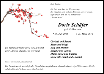 Anzeige von Doris Schäfer von Kölner Stadt-Anzeiger / Kölnische Rundschau / Express