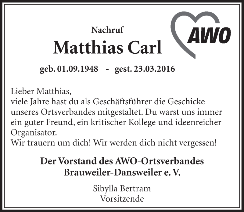  Traueranzeige für Matthias Carl vom 09.04.2016 aus  Sonntags-Post 