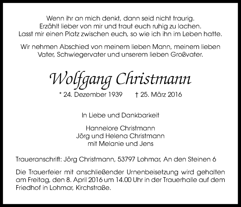  Traueranzeige für Wolfgang Christmann vom 02.04.2016 aus Kölner Stadt-Anzeiger / Kölnische Rundschau / Express