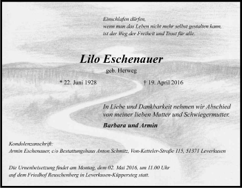 Anzeige von Lilo Eschenauer von Kölner Stadt-Anzeiger / Kölnische Rundschau / Express