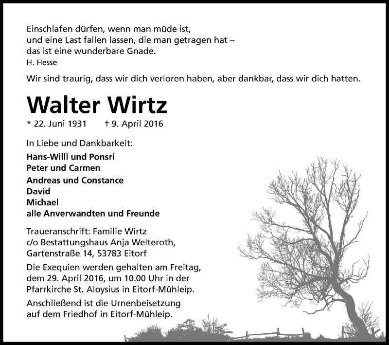  Traueranzeige für Walter Wirtz vom 16.04.2016 aus Kölner Stadt-Anzeiger / Kölnische Rundschau / Express