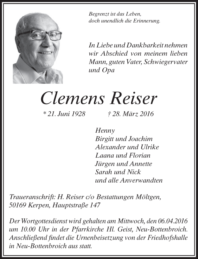  Traueranzeige für Clemens Reiser vom 02.04.2016 aus  Sonntags-Post 