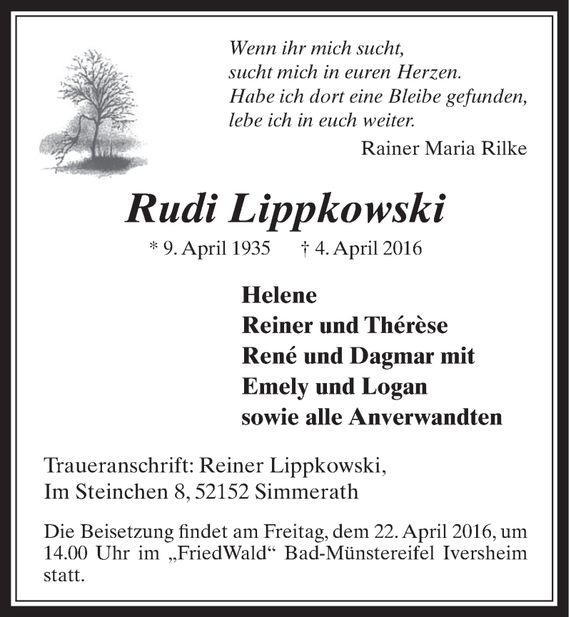 Traueranzeige für Rudi Lippkowski vom 13.04.2016 aus  Schlossbote/Werbekurier 