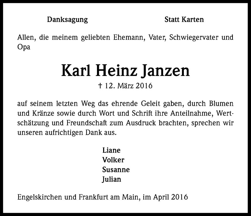  Traueranzeige für Karl Heinz Janzen vom 23.04.2016 aus Kölner Stadt-Anzeiger / Kölnische Rundschau / Express