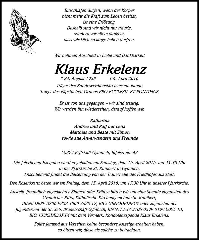  Traueranzeige für Klaus Erkelenz vom 09.04.2016 aus Kölner Stadt-Anzeiger / Kölnische Rundschau / Express