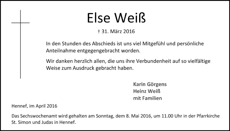  Traueranzeige für Else Weiß vom 20.04.2016 aus  Extra Blatt 