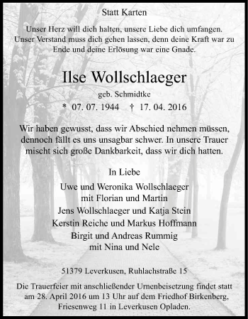 Anzeige von Ilse Wollschlaeger von Kölner Stadt-Anzeiger / Kölnische Rundschau / Express