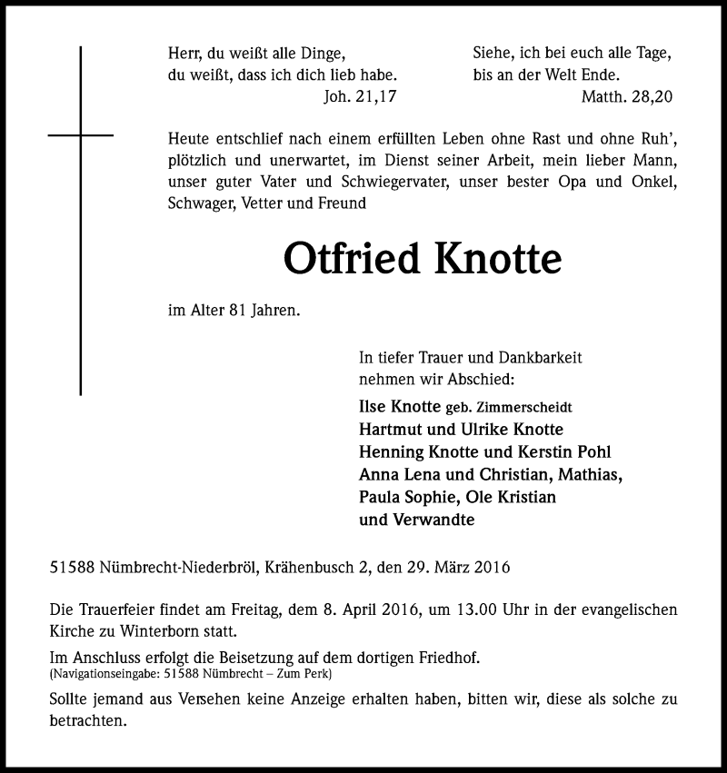 Traueranzeige für Otfried Knotte vom 04.04.2016 aus Kölner Stadt-Anzeiger / Kölnische Rundschau / Express