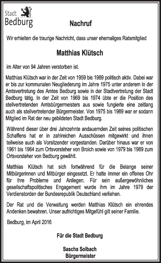  Traueranzeige für Matthias Klütsch vom 09.04.2016 aus  Sonntags-Post 