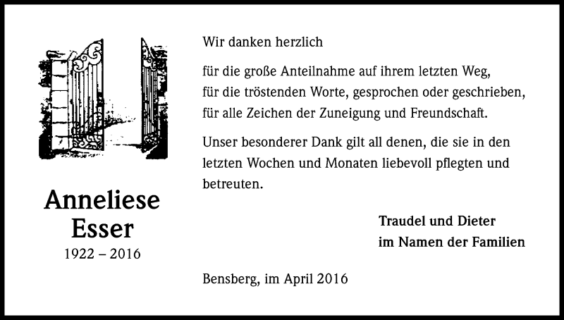  Traueranzeige für Anneliese Esser vom 29.04.2016 aus Kölner Stadt-Anzeiger / Kölnische Rundschau / Express