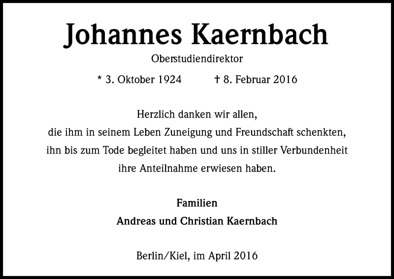  Traueranzeige für Johannes Kaernbach vom 09.04.2016 aus Kölner Stadt-Anzeiger / Kölnische Rundschau / Express
