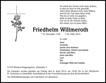 Anzeige von Friedhelm Willmeroth von Kölner Stadt-Anzeiger / Kölnische Rundschau / Express