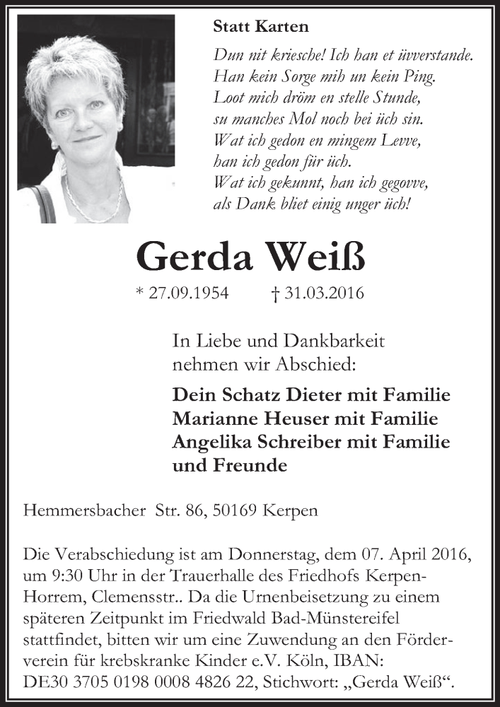  Traueranzeige für Gerda Weiß vom 06.04.2016 aus  Wochenende  Werbepost 