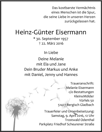 Anzeige von Heinz-Günter Eisermann von Kölner Stadt-Anzeiger / Kölnische Rundschau / Express