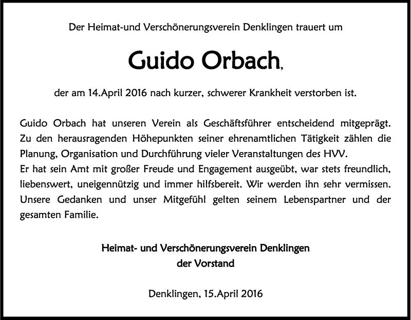  Traueranzeige für Guido Orbach vom 16.04.2016 aus Kölner Stadt-Anzeiger / Kölnische Rundschau / Express